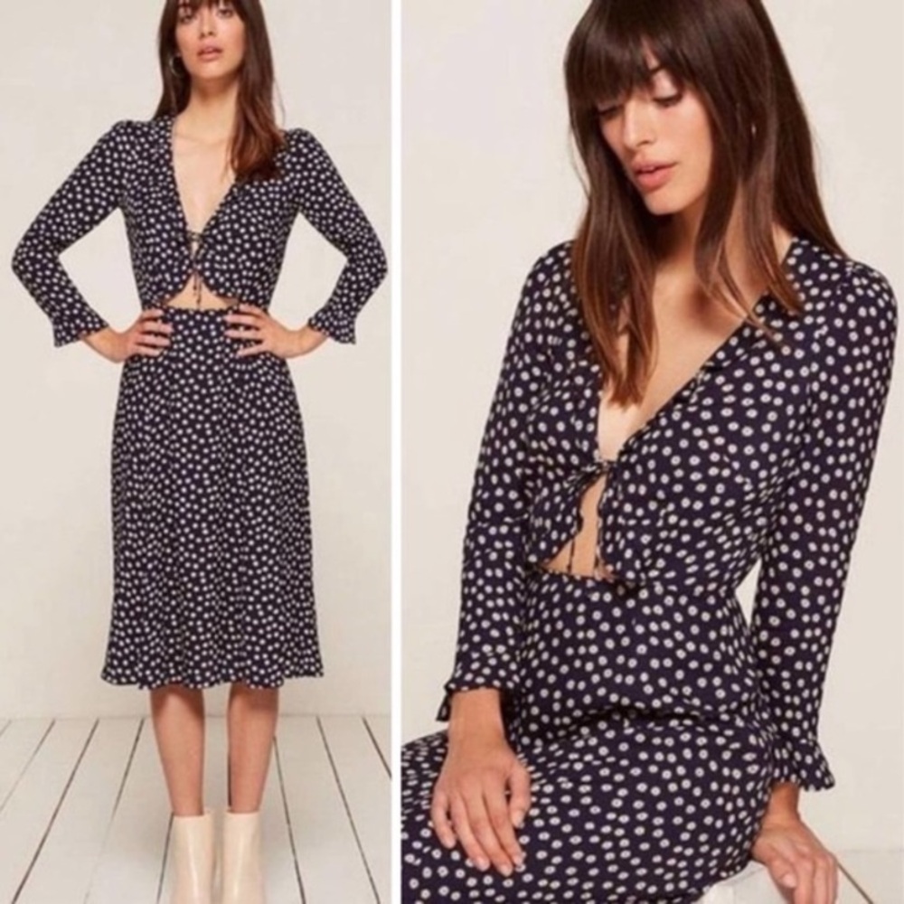 Reformation Navy and White Polka Dot Midi Dress